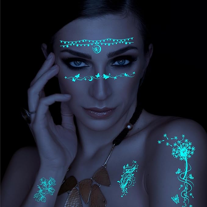 Realistic Flower Plant Blue Glow in the Dark Tattoo Temporary for Adult Women, Luminous Floral Leaf Butterfly Face Fake Tattoo Sticker Girl Arm Hand, Sexy Feather Temp Tatoo Body Art Makeup, 9-Sheet