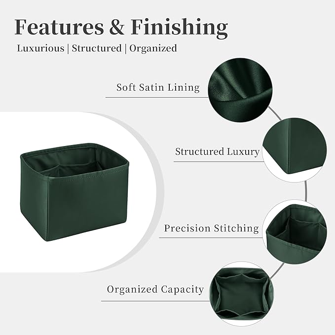 Purse Organizer Insert for Luxury Bag, Lightweight & Soft Satin Fabric with Pockets, Ideal for Travel, Shopping, and Daily Use, Multicolor Options, Fits Picotin 18(Vert Anglais, PC18)