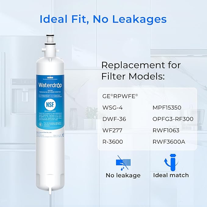 Waterdrop Replacement for GE® RPWFE®, RPWF (Built-in CHIP) Refrigerator Water Filter, Compatible with GFE28GYNFS, GFE28GELDS, PFE28KELDS, PFE28KYNFS, GFD28GELDS, PWE23KELDS, PWE23KMKES