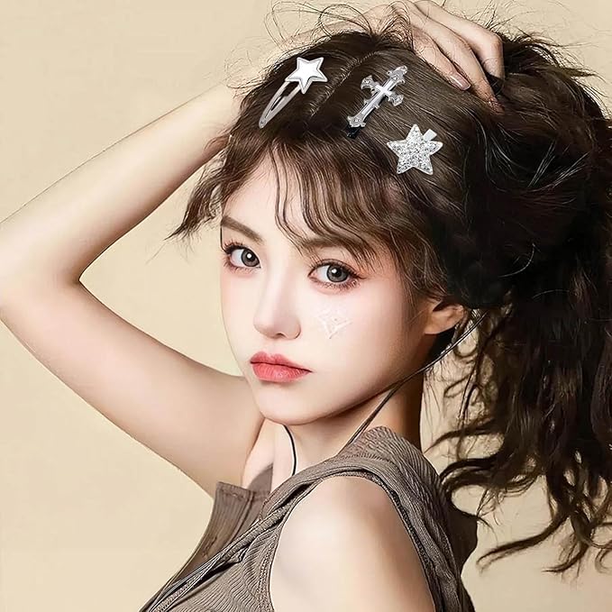 20Pcs Kawaii Star Hair Clips Y2k Hair Accessories Cute Star Hair Barrettes for Women Girls Large Snap Hair Clips Silver Goth Hair Clip Bone Cross Cowboy Plush Hair Clip Styling Tools Gifts