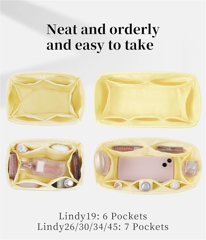 Bag Organizer Insert for Lindy34, Silky Satins Inner Bag Compatible with Lindy Bag, Lightweight Bag Storage, Large Handbag Insert with Pockets(Limoncello, Lindy34)