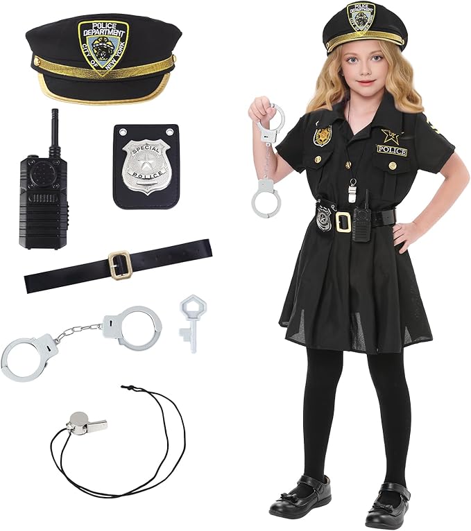 Lumiparty Police Officer Costume for Kid,Girls Police Costume,Halloween Cop Costume Outfit Set for Roleplay Dress Up