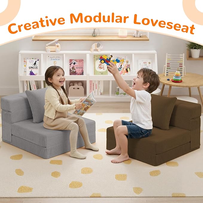MeMoreCool Folding Sofa for Kids, Corduroy Fold Out Futon Chair, Small Foldable Floor Mattress, Portable Children Couch Sofa, Light Grey