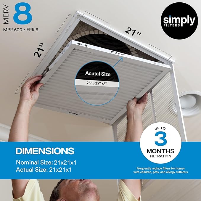Simply 21x21x1 Air Filter, Merv 8, 4 Pack, For Home AC Furnace & HVAC (Actual Size: 20.94"x20.94"x0.75") DUST, Pet & Allergy Control,