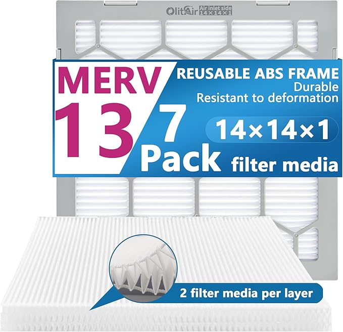 14x14x1 MERV 13 Air Filter,AC Furnace Air Filter,Reusable ABS Plastic Frame, 7 Pack Replaceable Filter Media (Actual Size: 13 3/4" x 13 3/4" x 3/4")