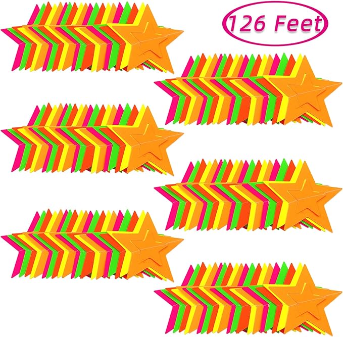 126feet UV Neon Streamers Glow Garland Hollowed Star Paper Hanging Ornaments Glow in The Dark Supplies and Decorations Blacklight Reactive Fluorescent Black Light Party Kit Wedding Birthday Streamers