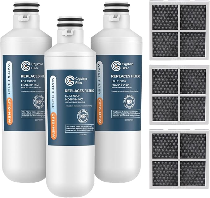 Crystala LT1000PC Replacement Water Filter, Compatible with LT1000PC/PCS, LT1000PC, LT-1000PC, MDJ64844601, ADQ747935 ADQ74793504 Water Filter and LT120F ADQ73334008 Fresh Air Filter 3 Pack
