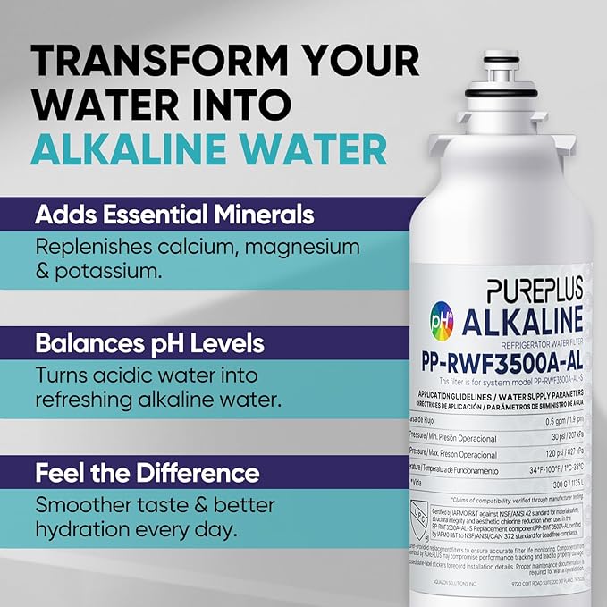 PUREPLUS Alkaline Replacement for ADQ73613401, LG® LT800P®, LT800PC, ADQ736134, ADQ73613402, LSXS26326S, LSXS26366S, LSXS26366D, 46-9490, Refrigerator Water Filter and LT120F® Air Filter, 3Pack