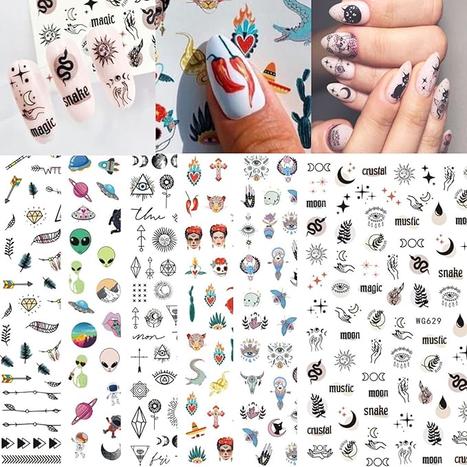 Ancient Tribe Tribal Totem Feather Alien Moon Star Eyes Skull Nail Sticker, 3D Indian Self-Adhesive Nail Art Decals Design for Women Girls Manicure Charms Decorations