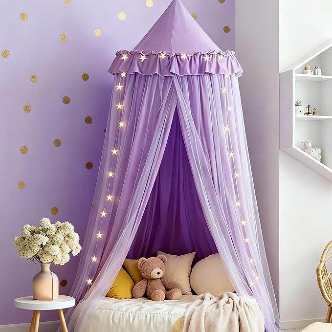Bed Canopy with Star Lights, Double Layer Bed Canopy for Girls, Princess Canopy Bed Curtain for Twin Bed, Breathable Kids Dreamy Play Tent Castle Reading Nook, Machine Washable, 26''x125'' - Pruple
