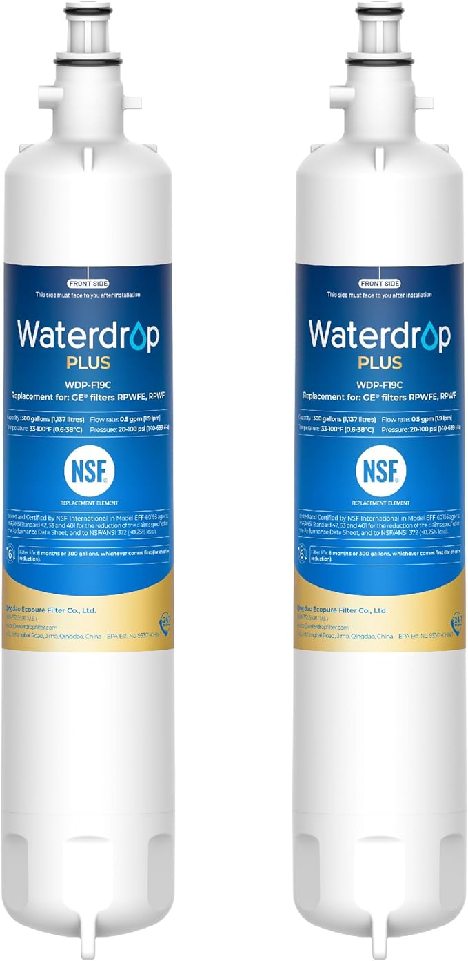 Waterdrop Plus WDP-F19C Replacement for GE® RPWFE®, RPWF (with CHIP) NSF 401 Refrigerator Water Filter, Compatible with WSG-4, GFE28GBLTS, GFE28GSKSS, PFE28KMKES, 2 Filters（Package May Vary）