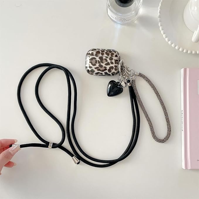 Black Translucent Leopard Print Silicone Case for AirPods Pro 3 (2025) - Cute Shockproof Cover with Detachable Long Neck Lanyard, Travel Keychain, MagSafe Compatible,for Women & Men