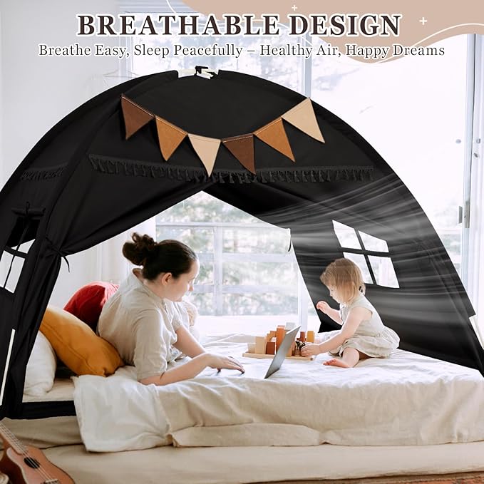 Full Size Bed Tent Canopy, Kids Play Tent with Flags & Star Lights, Canopy on Bed Privacy Space Sleeping Blackout Tents, Indoor Breathable Portable & Foldable, XL-Large Black Tassels Style