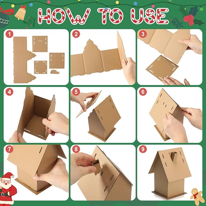 Cholemy 12 Pcs Christmas Gingerbread House Cardboard House Crafts Bulk Make a Gingerbread Cardboard Novelty Holiday Crafts for Christmas Winter Family DIY Decors (Classic)