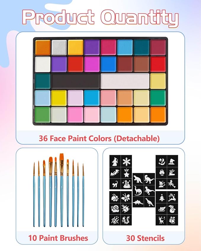 Lictin Water Based Face Paint - 36 Colors Professional Face Painting Kit (20 Classic Colors+8 Metal Colors+8 UV Glow Colors), Halloween Makeup Kit for Adults and Kids