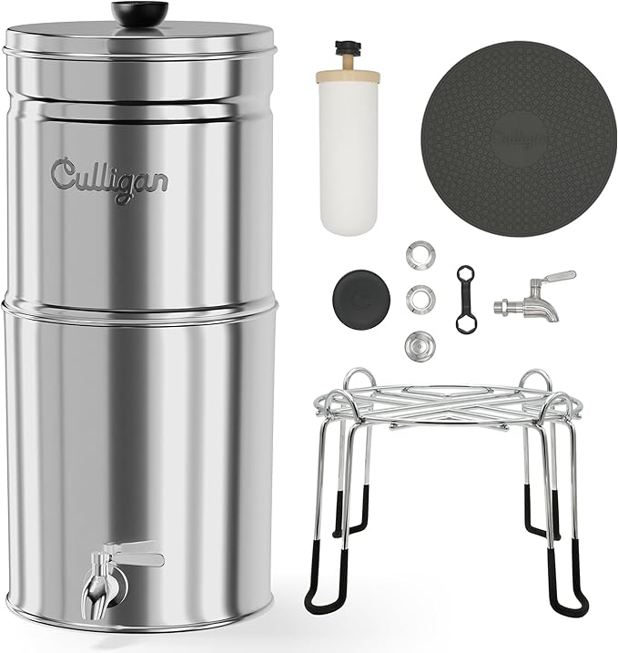 Culligan MaxClear 3 Gallon Gravity Water Filter System, Polished Stainless-Steel Countertop Water Filter NSF/ANSI Certified to Reduce Microplastics, Lead & Total PFAS, with 1 Ceramic Filter