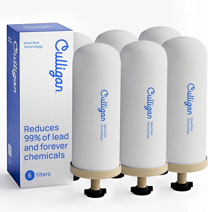 Culligan MaxClear 7” Gravity Water Filter Replacement Compatible with ProOne & Berkey Water Filter Systems, Ceramic & Carbon Filter NSF/ANSI Certified, Reduce Total PFAS, Microplastics & Lead, 6-Pack