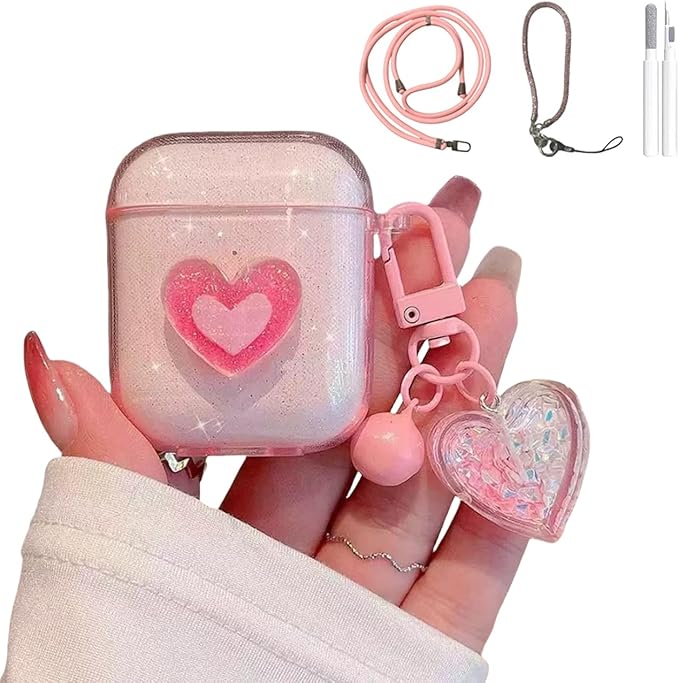 Compatible with AirPods 1st & 2nd Gen Transparent Silicone Case, Cute Pink Heart Design with Adjustable Lanyard Keychain, Travel-Friendly Protective Cover for Women & Men
