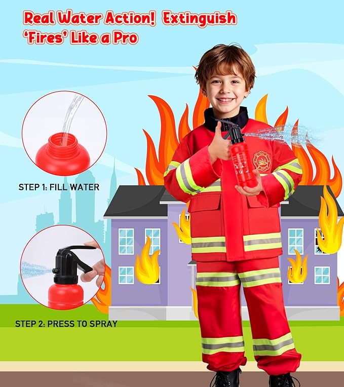 LOYO Firefighter Costume for Kids - Fireman Halloween Costumes for Toddler Boy, Dress Up Clothes for Kids 3-12 Pretend Play