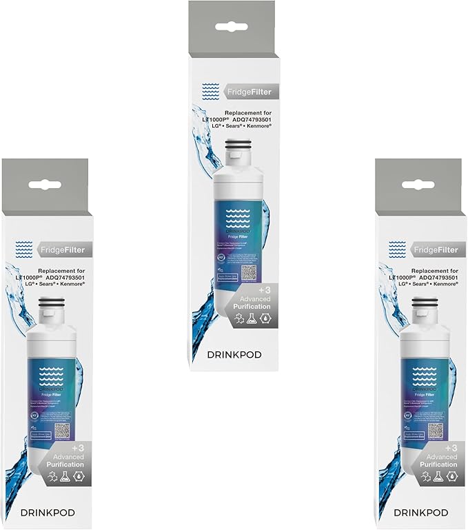 DRINKPOD Compatible with LT1000PC ADQ747935 MDJ64844601 Refrigerator Water Filter, Replacement for LG® LT1000P®, ADQ74793501, ADQ74793502,46-9980, 9980, LFXC24796S, LSFXC2496D, NSF Certified