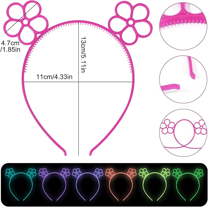 ZIRICHER 6Pcs Flower Plastic Hairband Glow In Dark,Luminous Party Headbands Cute Cartoon Hair Hoops for Girls Women,Sweet Birthday Crowns Head Piece for Kids Adults Party Favors Hair Accessories