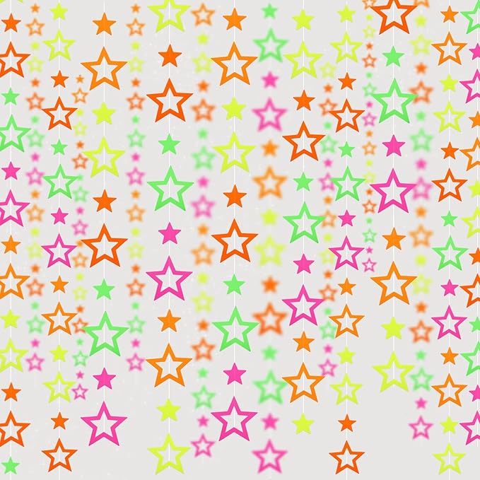 126feet UV Neon Streamers Glow Garland Hollowed Star Paper Hanging Ornaments Glow in The Dark Supplies and Decorations Blacklight Reactive Fluorescent Black Light Party Kit Wedding Birthday Streamers