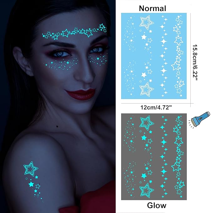 Star Moon Blue Glow in the Dark Temporary Tattoo for Women, Luminous Flower Star Face Fake Tattoo Sticker Adult Girl Arm Hand, Sexy Crescent Nightglow Temp Tatoo Neck Clavicle Body Art Makeup, 9-Sheet