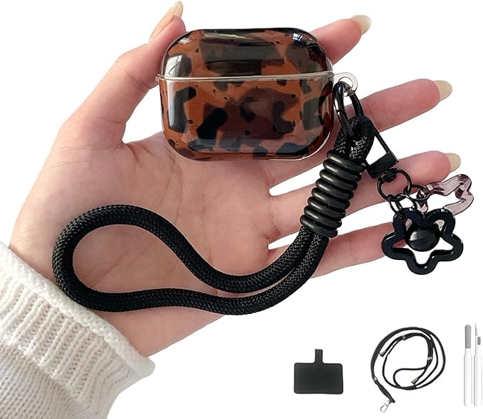 Dark Brown Leopard Print Silicone Case for AirPods Pro 3 (2025) - Cute Shockproof Cover with Detachable Long Neck Lanyard, Travel Keychain, MagSafe Compatible, Unisex for Women & Men