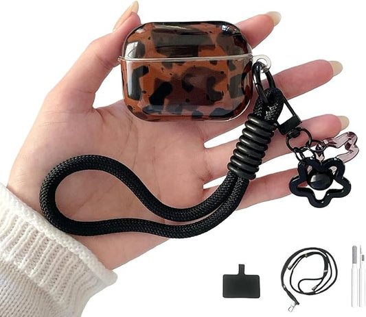 Dark Brown Leopard Print Silicone Case for AirPods Pro 3 (2025) - Cute Shockproof Cover with Detachable Long Neck Lanyard, Travel Keychain, MagSafe Compatible, Unisex for Women & Men