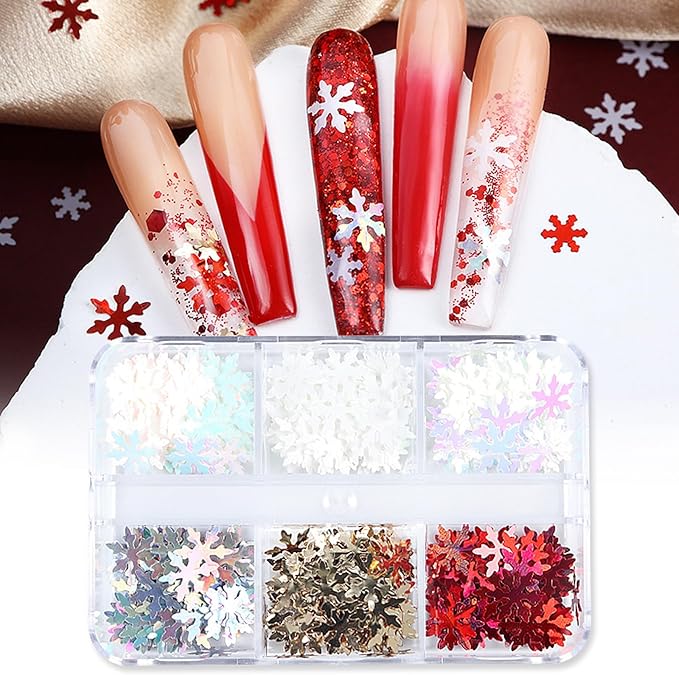 Winter Christmas Nail Art Glitters Sequins, 3 Boxes Holographic Multicolor Glitter Stickers Decals, Christmas Snowflake Letter Star Tree Lrregular Shapes Designs for Manicure DIY Xmas Decorations
