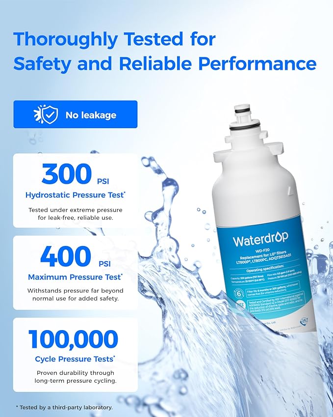 Waterdrop ADQ73613401 Refrigerator Water Filter, Replacement for LG® LT800P®, ADQ73613408, ADQ75795104, ADQ73613402, Kenmore 9490, 46-9490, LSXS26326S, LMXC23746S, LSXS26366S, WD-F20, Pack of 4