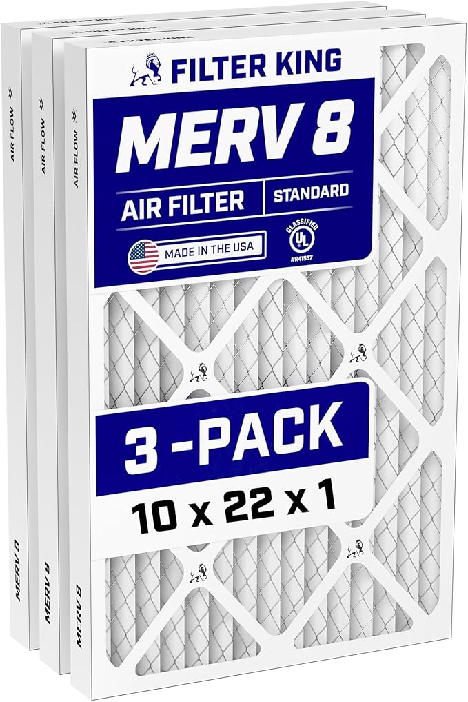 Filter King 10x22x1 Air Filter (MERV 8) (3-Pack) Dust & Allergy Control AC Furnace Filters, MADE IN USA, HVAC, Pleated, Electrostatic (Actual Size: 9.5 x 21.5 x .75)