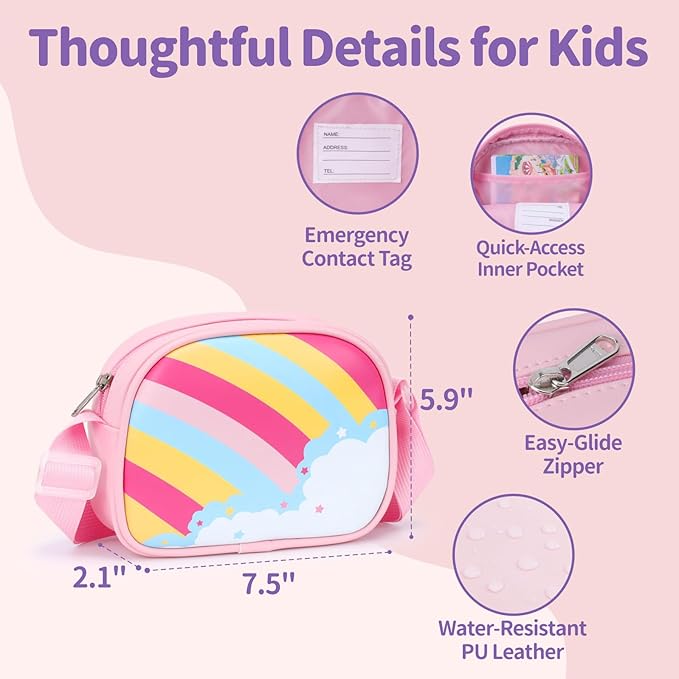 Girls Purse with Gift Box - Little Girl Purse for 3 4 5 6 7 8 Year Old Kids Birthday Christmas Gifts Cute Kids Crossbody Bag with Adjustable Strap, Pink Rainbow