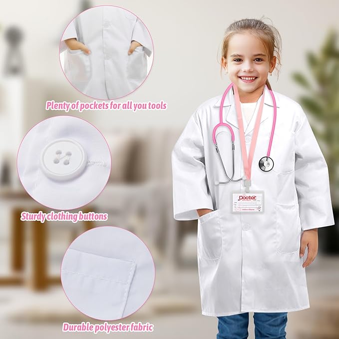 Doctor Costume for Kids, Toddler Doctor Lab Coat with Kids Stethoscope, Halloween Scientist Costume for Boys Girls