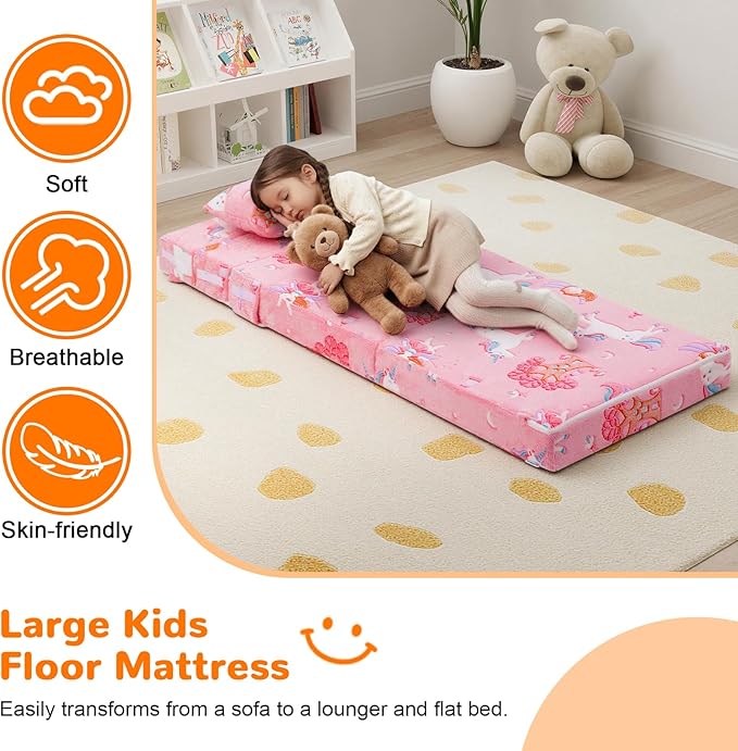 MeMoreCool Foldable Futon Chair Bed for Kids, Glow Tri-fold Sofa Bed Convertible Toddler Sofa Mattress, Foam Floor Couch for Sitting, Pink