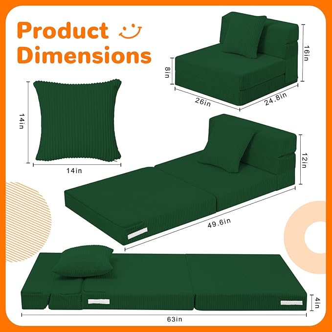 MeMoreCool Folding Sofa for Kids, Corduroy Fold Out Futon Chair, Small Foldable Floor Mattress, Portable Children Couch Sofa, Green