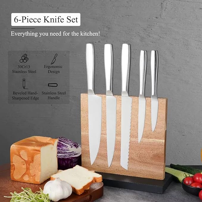 Silver Knife Set，6-Piece Stainless Steel Non-stick Dishwasher Safe Kitchen Knife Block Sets,With Double Sided Wooden Magnetic Block Holder,Gift for Housewarming Cooking Wedding
