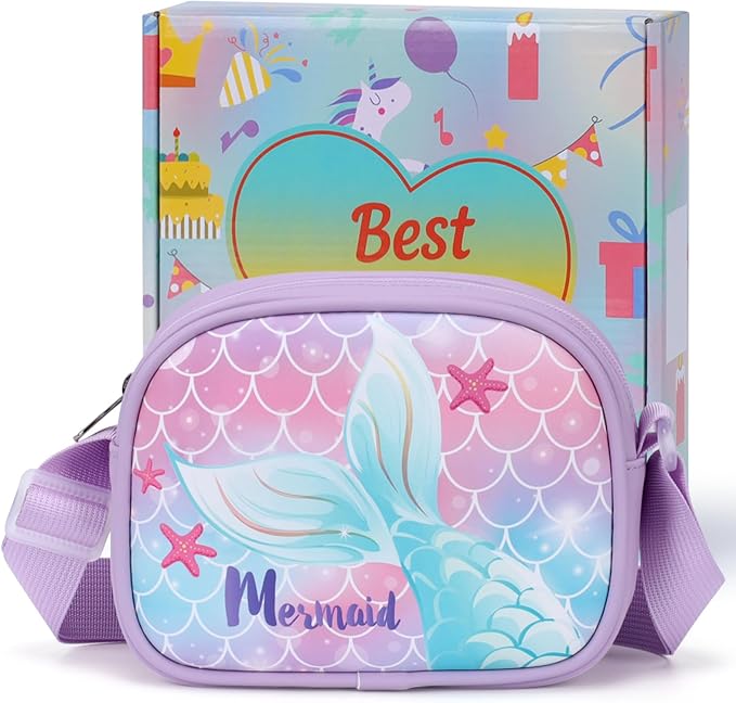 Girls Purse with Gift Box - Cute Toddler Purse for 3 4 5 6 7 8 Year Old Girls Birthday Christmas Gifts Kids Crossbody Bag with Adjustable Strap, Purple Mermaid