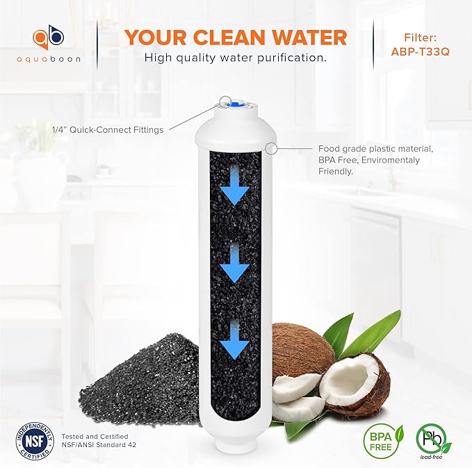 Aquaboon Premium Inline Post/Carbon Polishing Water Filter Catridge for Reverse Osmosis System Standard Size (Quick Connect Fiting) RO Water Filter Replacement Compatible with ICF-10 6-Pack