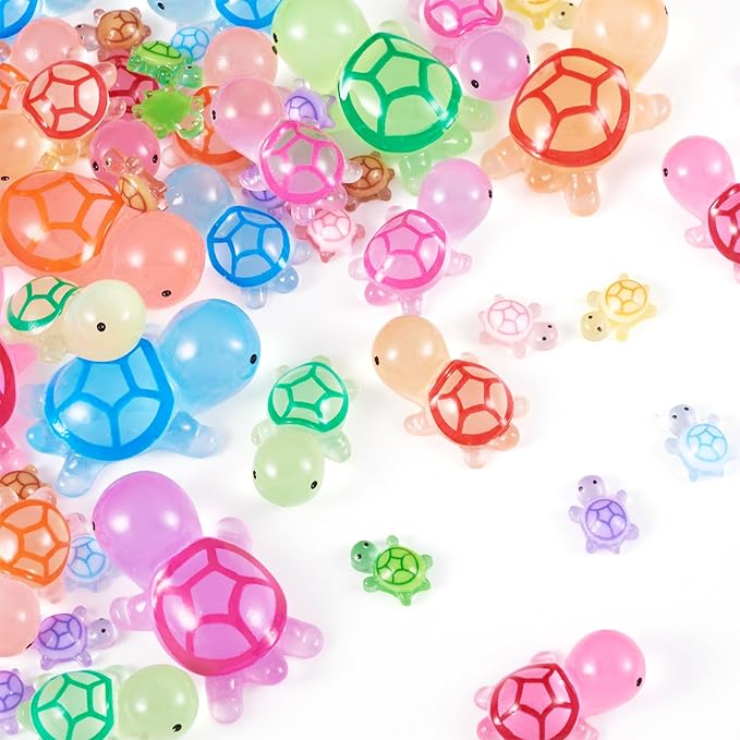 96Pcs Luminous mini Resin Animals Bulk Glow in The Dark Sea Turtles Small Plastic Miniature Ocean Animal Figures for Dollhouse, Fairy Garden Aquarium DIY Craft Decor
