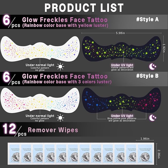 Noerrors 12pcs Rainbow Freckles Face Tattoo Sticker Glow under UV Light Blacklight in the Dark, Neon Fluorescent Glitter Colorful Fake Faux Freckle Temporary Patches Makeup for Party Supplies #01+02