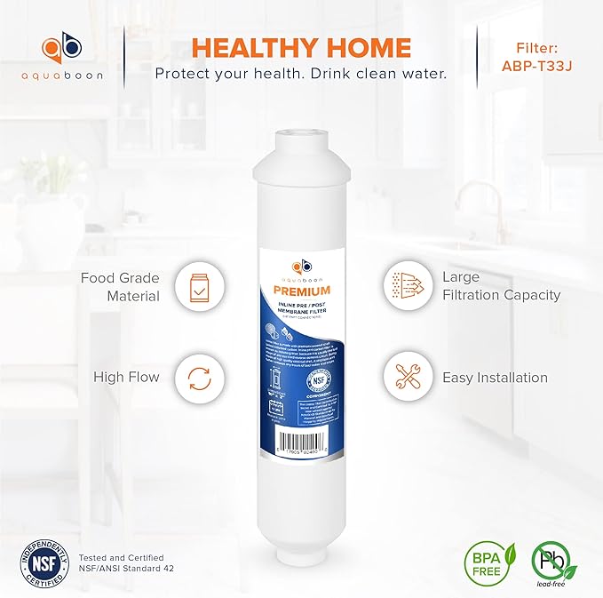 Aquaboon T33 Inline Carbon Filter - 1/4 Inline Water Filter for Refrigerator T33 Inline Ro Post/Granular Activated Carbon (GAC) Polishing Water Filter Cartridge for Reverse Osmosis System 2-Pack