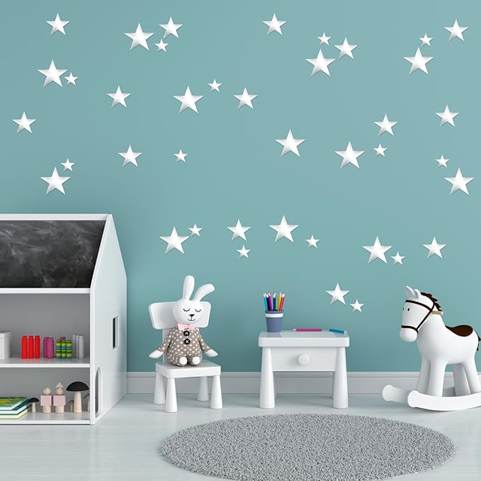 40 Pcs Silver Stars Mirror Wall Stickers, 3D Acrylic Mirror Wall Decorations for Living Room Removable Stars Stickers Art Decal for Bedroom Wedding Birthday DIY Wall Decor (Silver)