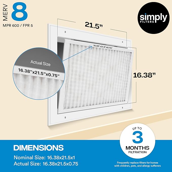 Simply 16.38x21.5x1 Air Filter, Merv 8, 4 Pack, For Home AC Furnace & HVAC (Actual Size: 16.38"x21.5"x0.75") DUST, Pet & Allergy Control,