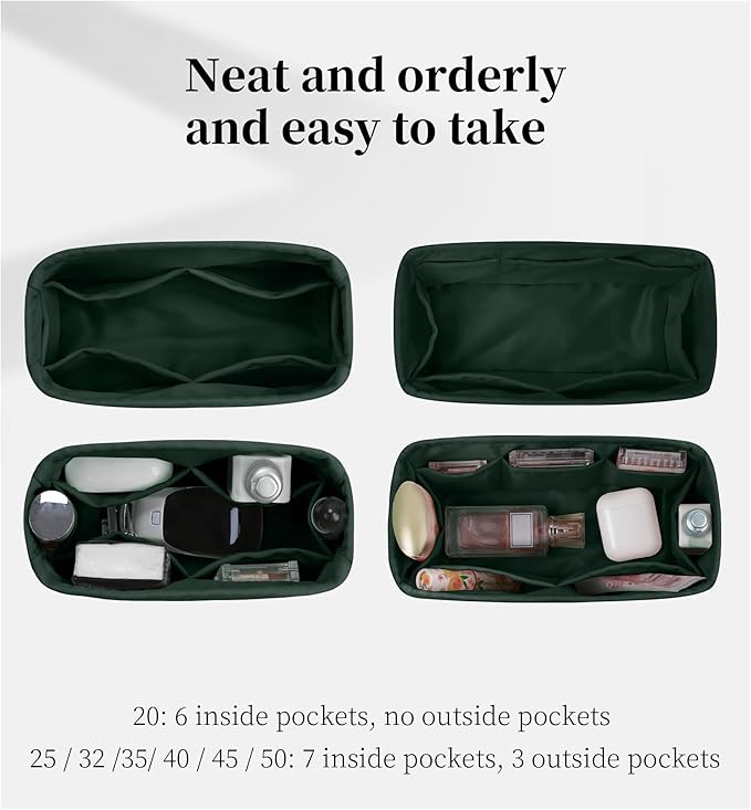 Purse Organizer Insert for Birkin 25, Lightweight & Soft Satin Organizer Insert with Pockets for Woman Bags, Ideal for Travel, Shopping, and Daily Use, Multicolor Options(Vert Anglais, BK25 Retourné)