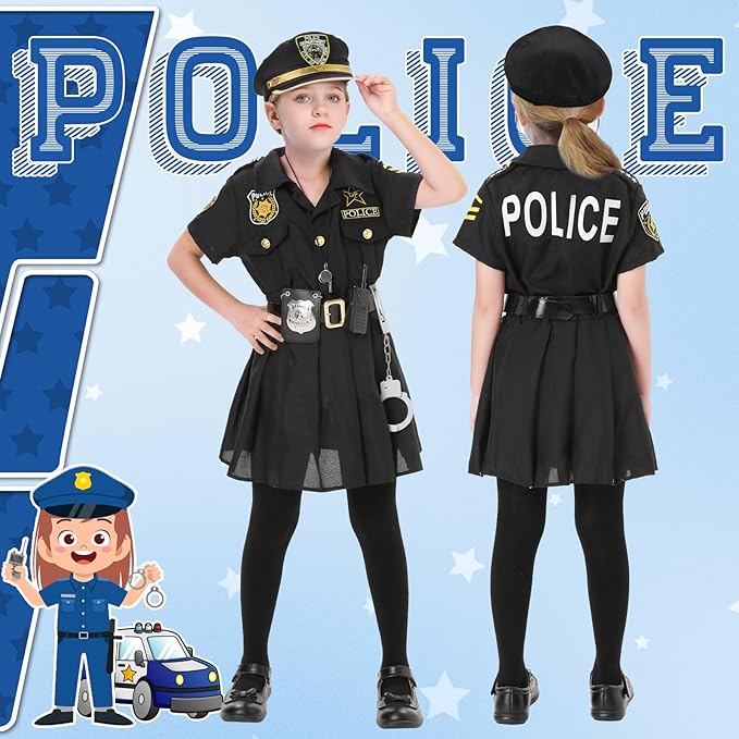 Lumiparty Police Officer Costume for Kid,Girls Police Costume,Halloween Cop Costume Outfit Set for Roleplay Dress Up