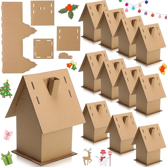 Cholemy 12 Pcs Christmas Gingerbread House Cardboard House Crafts Bulk Make a Gingerbread Cardboard Novelty Holiday Crafts for Christmas Winter Family DIY Decors (Classic)