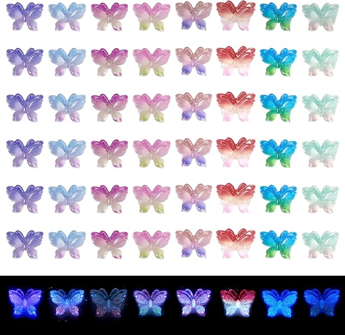 160Pcs 8 Colors Luminous Resin Butterfly Nail Charms, Glow in the Dark, Nail Art Decoration Accessories