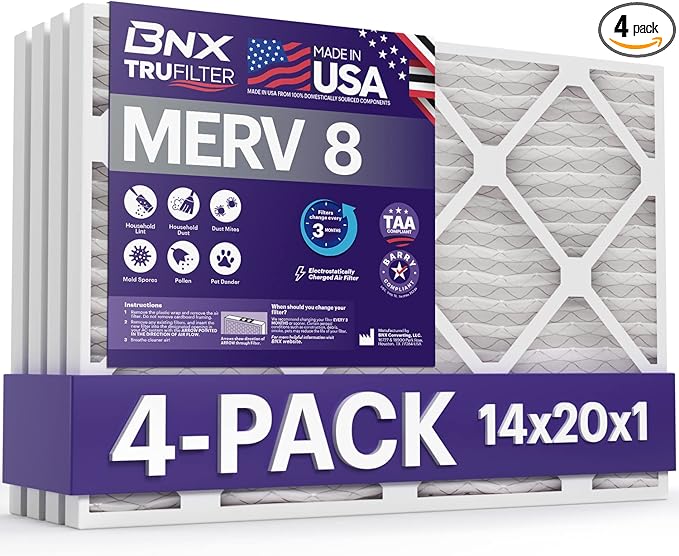 BNX TruFilter 14x20x1 Air Filter MERV 8 (4-Pack) - MADE IN USA – Dust & Pet Defense Electrostatic Pleated Air Conditioner HVAC AC Furnace Filters for Dust, Pet, Mold, Pollen MPR 600 – 700 & FPR 5