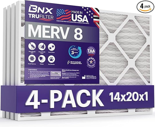 BNX TruFilter 14x20x1 Air Filter MERV 8 (4-Pack) - MADE IN USA – Dust & Pet Defense Electrostatic Pleated Air Conditioner HVAC AC Furnace Filters for Dust, Pet, Mold, Pollen MPR 600 – 700 & FPR 5